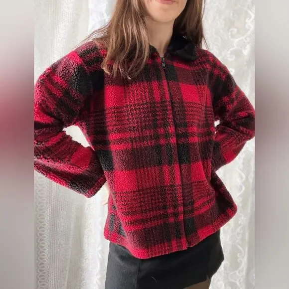 Vintage Plaid Fleece Jacket Red Black Faux Fur Collar Zip Front Size S - Picture 2 of 10